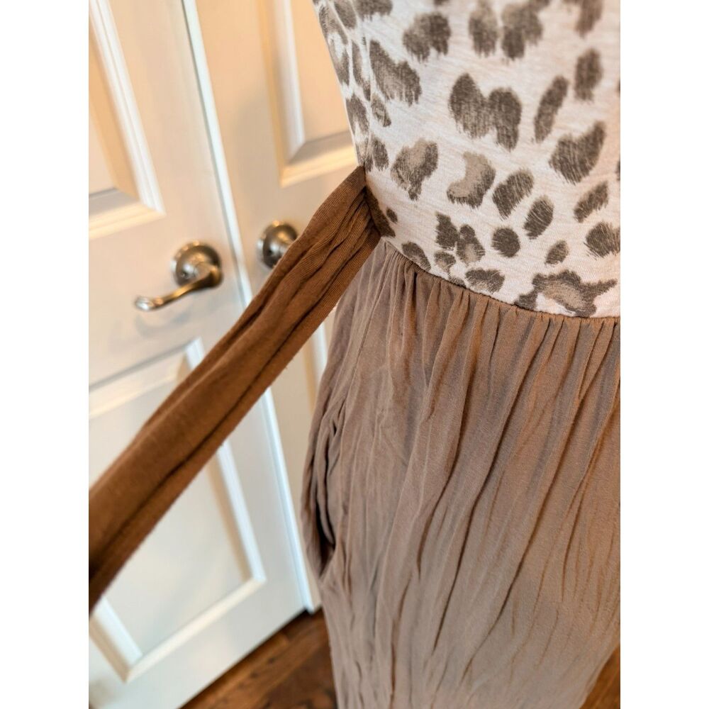Leopard Print Midi Dress Boho Tie Waist Pleated Skirt Fall S - Picture 7 of 13